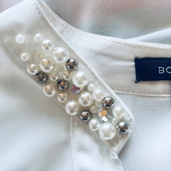 BCBG MaxAzria Blouse Sheer White Chiffon Jeweled Collar XS - Picture 3 of 9